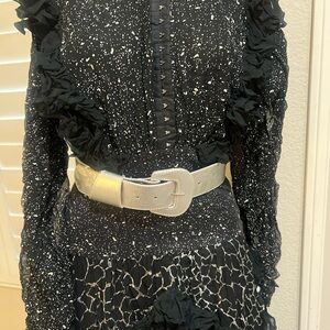 Vintage silver floral Leather Wide Waist cincher statement Belt  90s Y2K Small‎